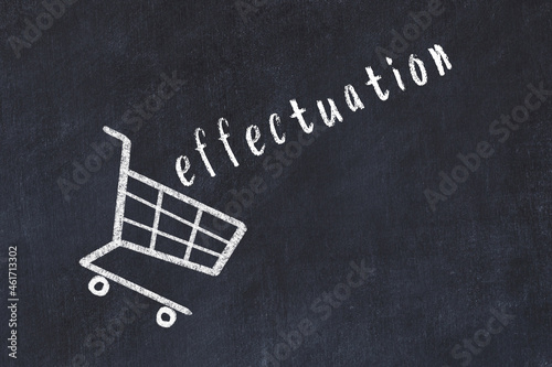 Chalk drawing of shopping cart and word effectuation on black chalboard. Concept of globalization and mass consuming photo