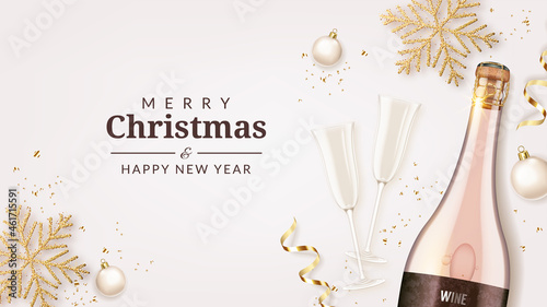 Christmas greeting card with champagne bottle, wineglasses, snowflakes and christmas balls.