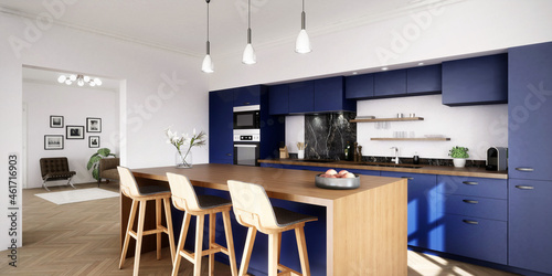 Vue 3d cuisine bleu nuit avec parquet bois et îlot central