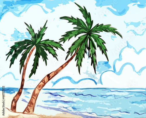 Tropical landscape with two palm trees on the beach