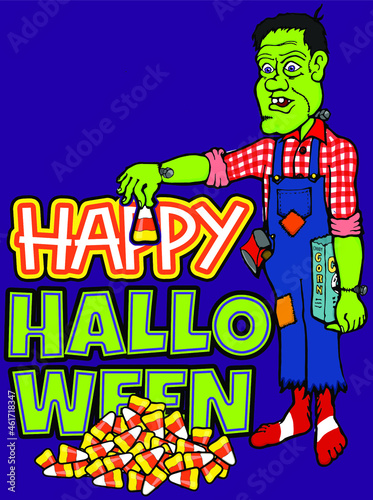 cartoon farmer frankenstein  dropping cany corns | happy halloween