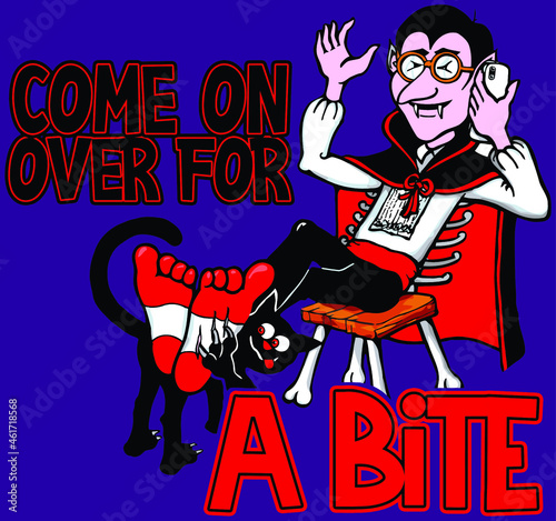 funny cartoon dracula on phone with black cat | come on over for a bite