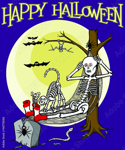 funny cartoon skeleton on a hammock with scary critters | happy halloween