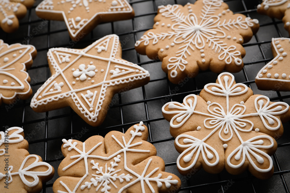 Tasty Christmas cookies on cooling rack, closeup Tasty Christmas cookies on cooling rack, closeup