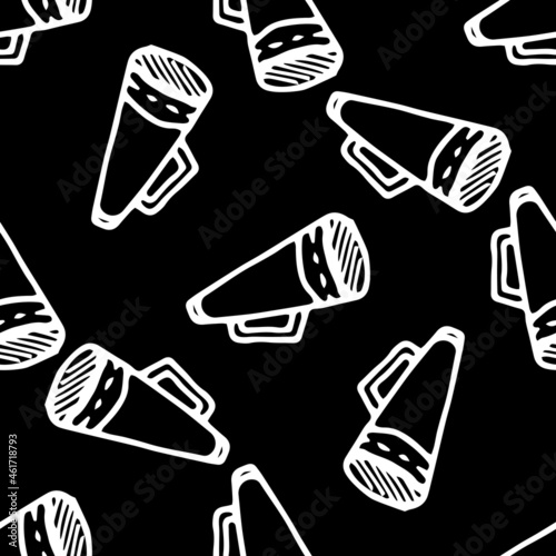 seamless pattern of the loudspeaker. a hand-drawn drawing in the style of MEGAPHONE doodles, an isolated white outline randomly arranged in different directions on a black background for a design temp