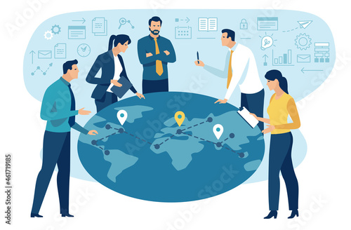 Business plan. The team stands around the Earth map and discusses the business strategy. Vector illustration.