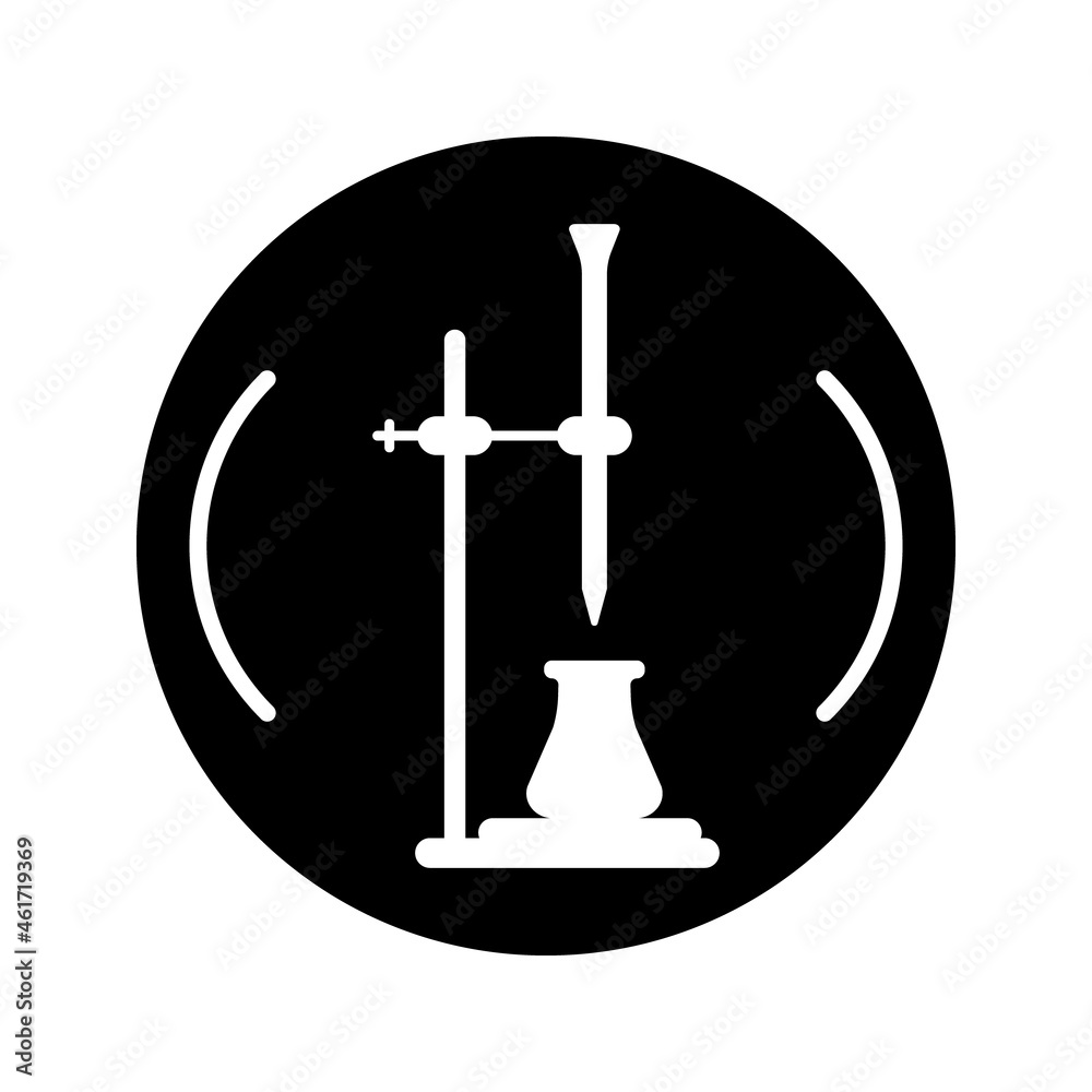 Chemical icon. Chemistry logo with bulb, burette and stand. Titration in white and black colors