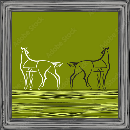 Two stallions stand with their backs to each other. Black and white horses. Hand drawing for design farm, stable, racing. Mustangs silhouettes on light green backdrop in gray frame. Racehorses outline