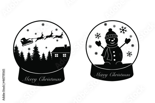 Set Illustration snowglobe isolated in white. Santa claus with snowman and deer. Christmas silhouette design. Christmas tree and snowflake. New Year gifts