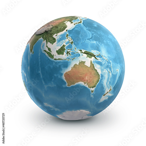 Planet Earth globe, isolated on white. Geography of the world from space, focused on Australia, Oceania and Southeast Asia - 3D illustration, elements of this image furnished by NASA.