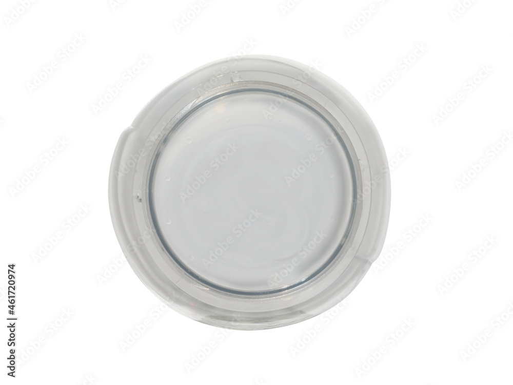 Transparent plastic bottle for juices and milk with a wide neck. Open, empty on a white background, top view Transparent plastic bottle for juices and milk with a wide neck. Open, empty on a white background, top view