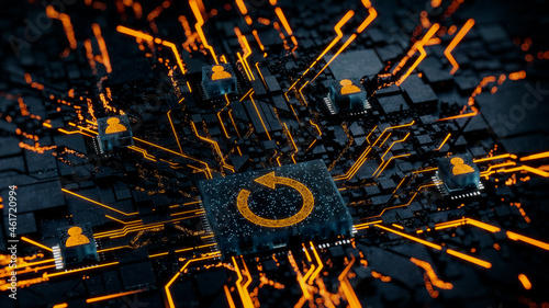 Reload Technology Concept with refresh symbol on a Microchip. Orange Neon Data flows between Users and the CPU across a Futuristic Motherboard. 3D render.