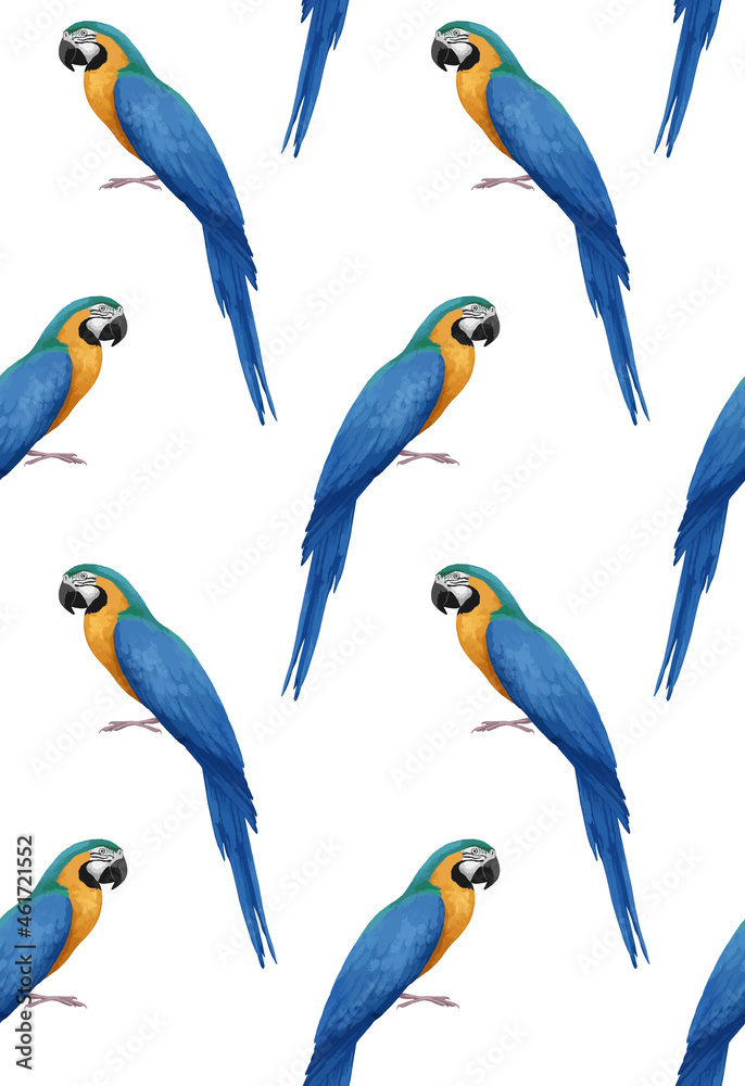 Obraz premium Seamless Pattern with hand-drawn Parrot, digitally colored, vector
