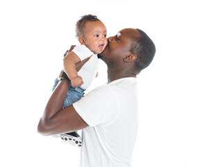 portrait of beautiful african man holding on hands her little son on white background