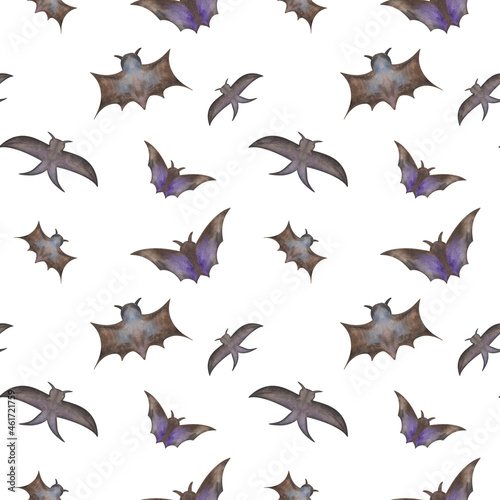 Watercolor seamless pattern from hand painted illustration of flying black bat with spread wings for Halloween isolated. Animal print for design making postcards, packaging paper, fabric material