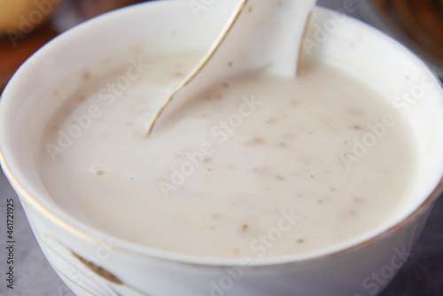 A bowl of homemade cream of mushroom soup