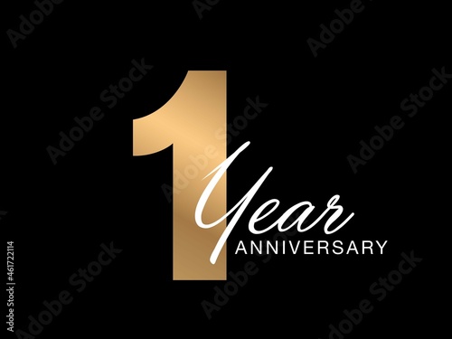 1 Year anniversary vector poster. 1 year anniversary gold stylish poster on black background. Anniversary card. 