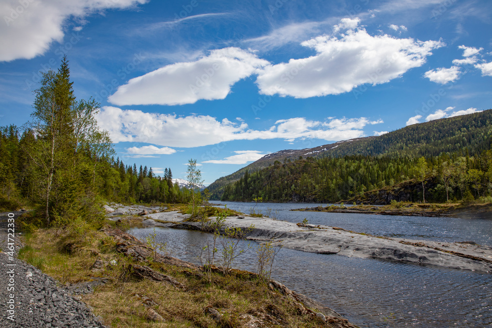 Happy hiking along the lake,Helgeland,Northern Norway,scandinavia,Europe