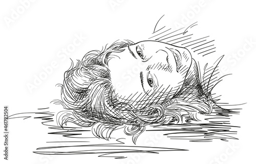 Sketch of upside down portrait of caucasian young woman smiling while laying relaxing, Hand drawn vector illustration with cross hatched shades