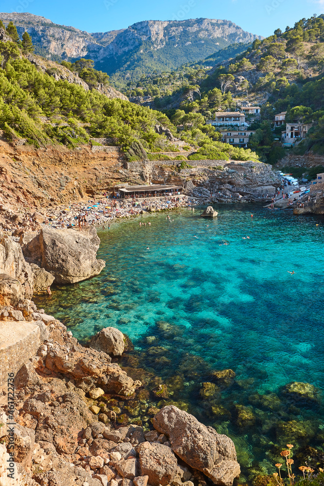 Balearic islands mediterranean coastline. Picturesque village Deia beach. Mallorca