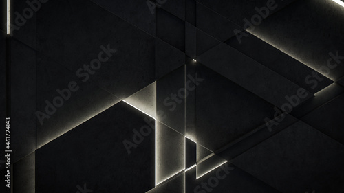 Dark, Concrete wall background, with integrated White light strips. Geometric Tech Wallpaper with Illuminated, Futuristic, 3D Blocks. 3D render photo