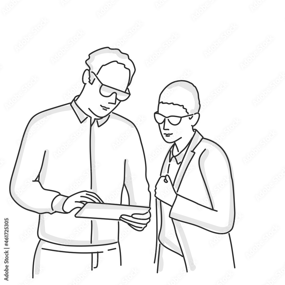 Business man and business woman in glasses discussion work. Business man and business woman in glasses discussion work.