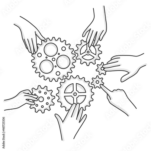 Hands of business men assemble gears into a puzzle in a single whole.