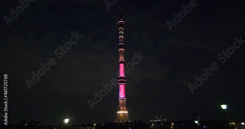 4K summer night video of Ostankino district, buildings and famous TV tower in the city center, Moscow, Russia