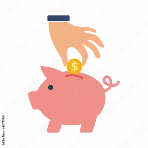 Hand saving money in piggy bank icon. Simple, high quality and suitable for your design. Flat design vector illustration on a white background. Piggy, bank, savings, economical.