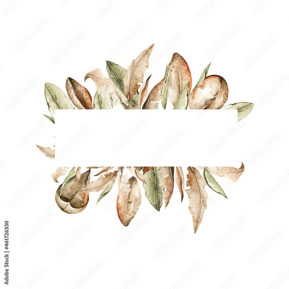 Fototapeta premium Watercolor floral wreath. Hand painted frame of tropical leaves, palm, green jungle leaf. Exotic border. Isolated on white background. Botanical illustration for card design, print.