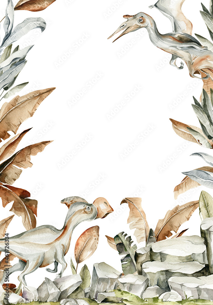 Fototapeta premium Watercolor cute dinosaurs border. Hand painted dino frame with palm tree, leaves, mountains, rocks for nursery decor, wallpaper, baby shower. isolated on white background. illustration for design