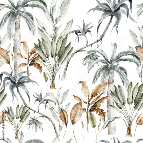 Watercolor seamless pattern. Hand painted tropical palm tree, jungle leaves. Botanical illustration for design, wallpaper, scrapbooking