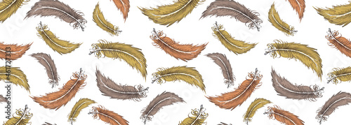 Handmade watercolor drawing seamless pattern with feathers of the same type