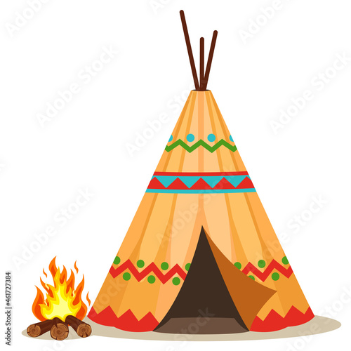 Indian wigwam with a bonfire close-up on a white. photo