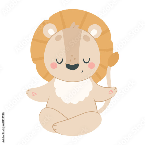 Cute lion meditates in a lotus position, animals yoga 