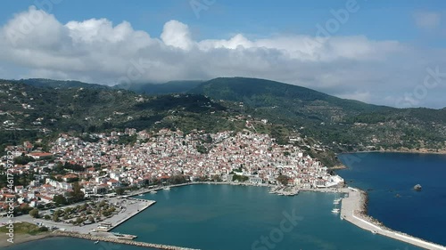 Beautiful aerial view over the famous Skopelos town also known as chora in Skopelos island, Sporades, Greece