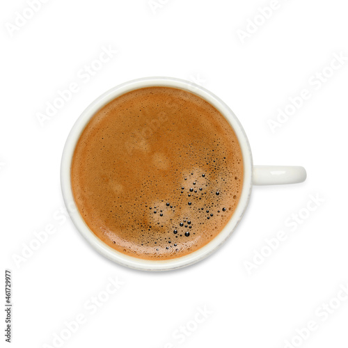 Cup of hot coffee isolated on white, top view