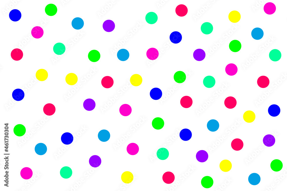 Colourful polka dot seamless pattern. Blue, cyan, green, purple, pink, yellow, bluish green, reddish pink.