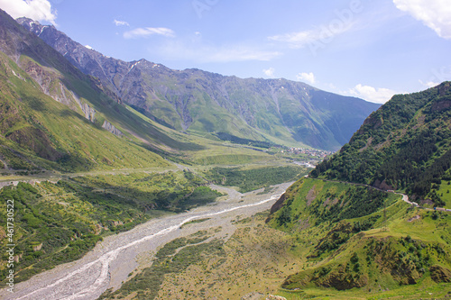 Mountain landscape. View of the Georgian military road, mountains and clouds