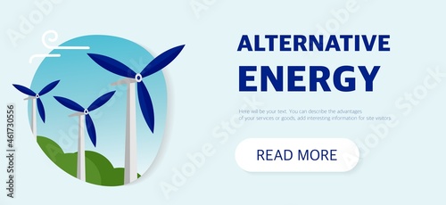 Clean alternative energy from renewable solar and wind sources. Wind turbines and solar panels. The background of the main page website template.