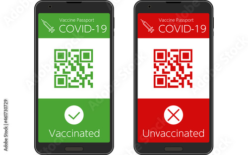 コロナウイルスのワクチン接種を証明するワクチンパスポートのスマホアプリ（接種済み・未接種）、バーコード