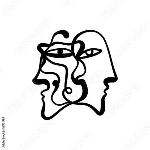 Black ink modern abstract twins faces portrait. Linear art contemporary painting. Fashion style minimalist drawing. Good for poster design and more.