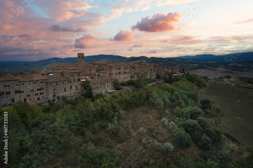 aerial view at sunset of the medieval town of casole d'elsa in Tuscany