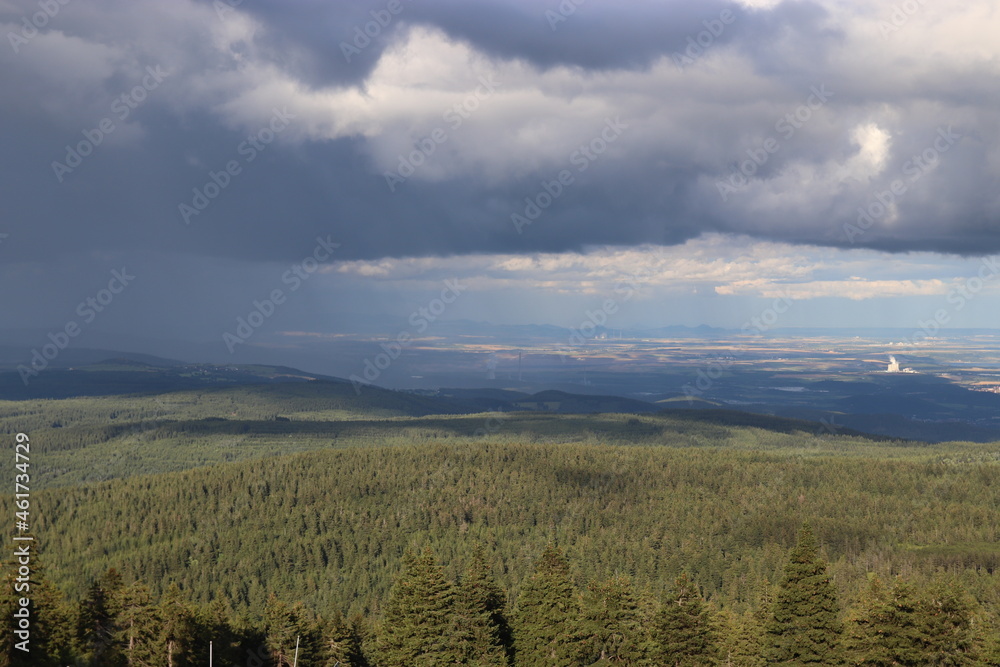 A view to the landscape with stormy clouds coming at Ore Mountains, Czech republic