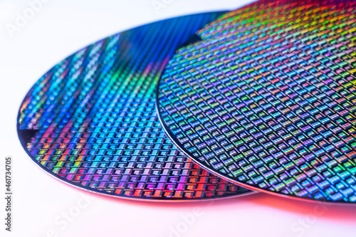 Silicon wafer with chips isolated on white background photo
