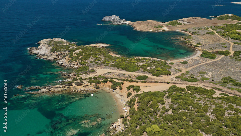 Aerial drone photo of famous bay and sandy beach of Agios Petros in Northern Skiros island, Sporades, Greece