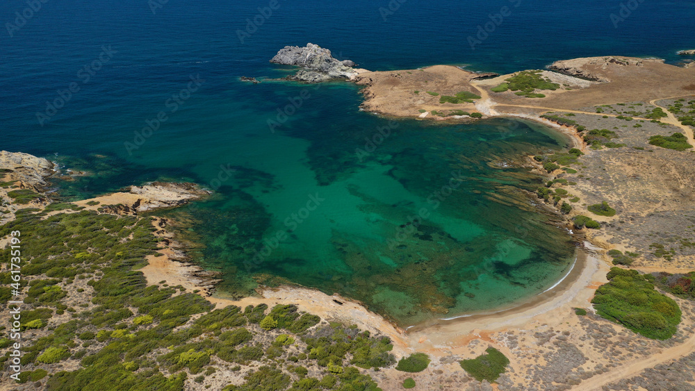 Aerial drone photo of famous bay and sandy beach of Agios Petros in Northern Skiros island, Sporades, Greece