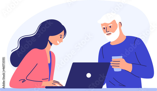a young girl teaches a pensioner to work with a computer. cartoon style.