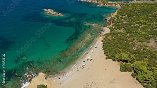Aerial drone photo of famous bay and sandy beach of Agios Petros in Northern Skiros island  Sporades  Greece