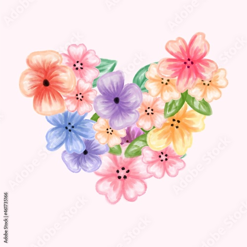 Watercolor painting of heart formed by set of colorful flowers and leaves © Ldia